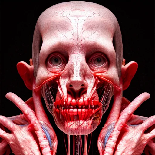 Image similar to Human with translucent skin, visible muscles and veins and arteries and nerves, beautiful detailed intricate insanely detailed octane render, 8K artistic photography, photorealistic, chiaroscuro, by David Cronenberg, Raphael, Caravaggio