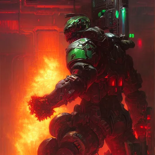 Prompt: A neon Doom Slayer, rip and tear until it is done, by gaston bussiere, craig mullins, Simon Bisley