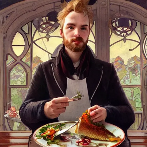 Image similar to journalist in oslo eating a trout, art by artgerm, greg rutkowski and alphonse mucha