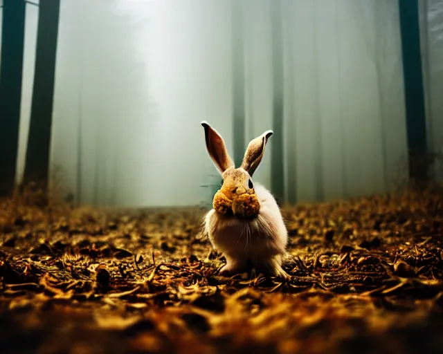 Prompt: a lomography photo of rumble between two human with rabbit head in foggy forest this morning, bokeh,