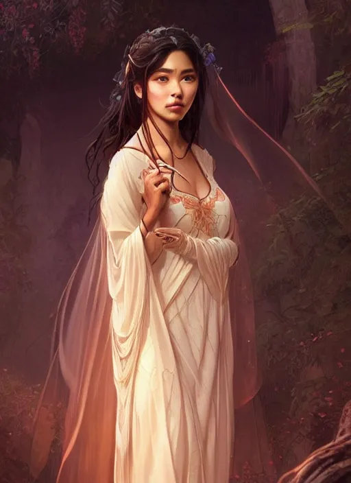 Image similar to cute brown woman wearing a transparent night gown and hanfu face veil, fantasy, intricate, highly detailed, digital painting, artstation, concept art, wallpaper, smooth, sharp focus, illustration, art by artgerm and greg rutkowski and alphonse mucha