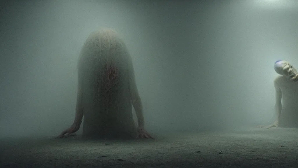 Image similar to the strange creature in the crawlspace, film still from the movie directed by denis villeneuve and david cronenberg with art direction by salvador dali and zdzisław beksinski, long lens