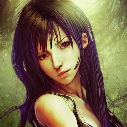 Prompt: a portrait of tifa lockhart beautiful elegant partially made of potatoes roots and violets, an ultrafine detailed illustration by james jean, final fantasy, intricate linework, bright colors, behance contest winner, vanitas, angular, altermodern, unreal engine 5 highly rendered, global illumination, radiant light, detailed and intricate environment