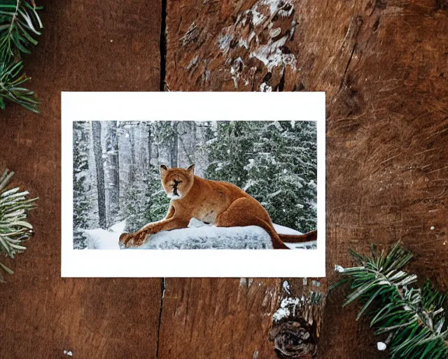 Image similar to ripped up postcard showing 'a cougar sleeping in the middle of snowy pine tree' laying on coffee table with stamp and damaged due to age, zoomed out shot, HD, iphone capture