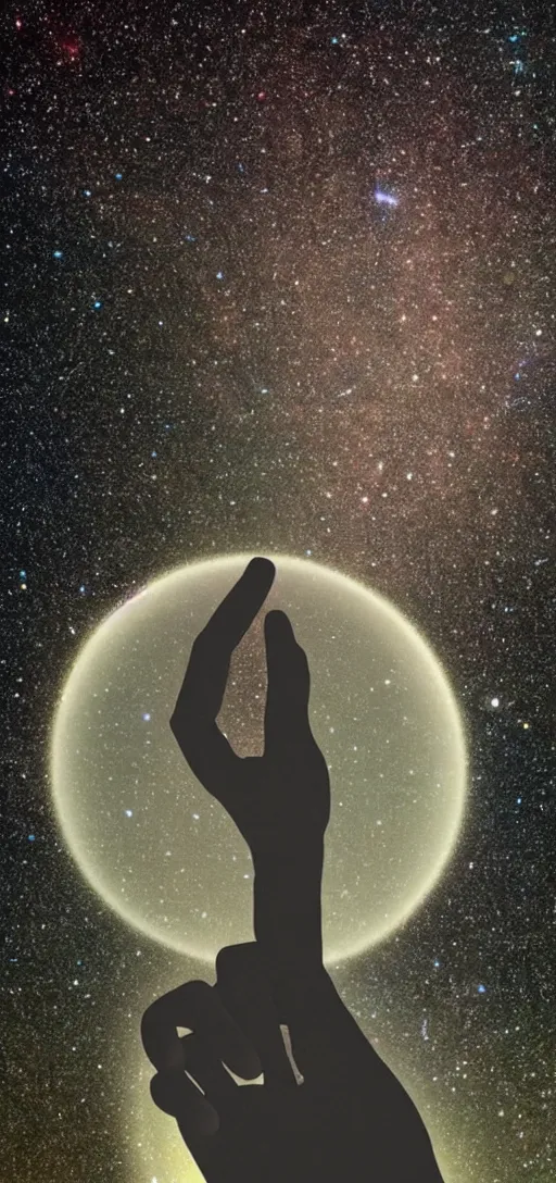 Image similar to a giant human pointing its finger to the universe, star dust, cosmos