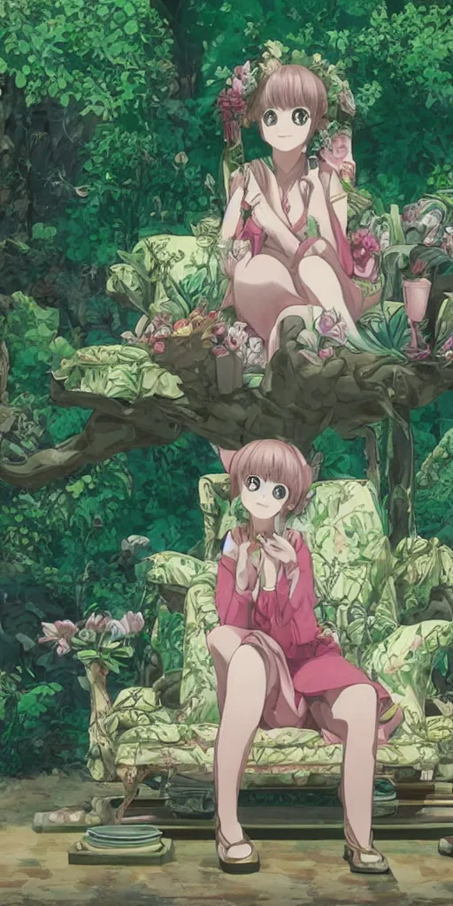 Image similar to the queen of good vibes sitting by herself on a sofa in a forest, drawn by CloverWorks, intricate detail