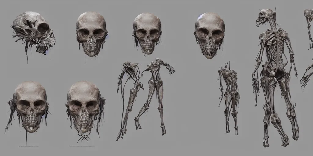 Image similar to skin and bones mask design, character sheet, Moebius, Greg Rutkowski, Zabrocki, Karlkka, Jayison Devadas, Phuoc Quan, trending on Artstation, 8K, ultra wide angle, zenith view, pincushion lens effect.