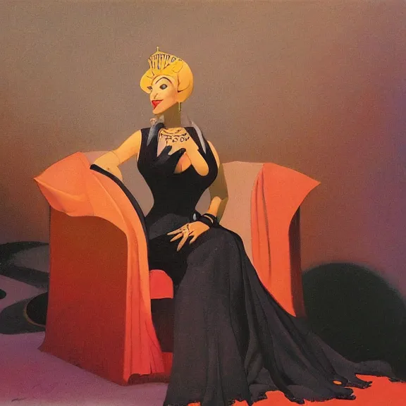 Image similar to an oil painting of a queen in a black funeral dress sitting on a throne, by bruce pennington, by eyvind earle, nicholas roerich, by frank frazetta, by georgia o keeffe