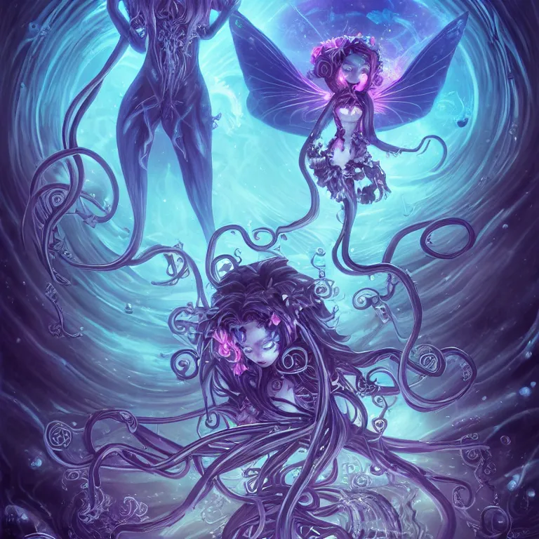 Image similar to A full shot of a dark fairy from the Abyss. Symmetrical. Underwater. Lit from above. Thick Atmosphere. Sailor Moon. Tentacles. Cute. Kawaii. Chibi. Neon glow. Bioluminescence. By Lisa Frank and HR Giger and Ross Tran. Key Art. Fantasy Illustration. award winning, Artstation, intricate details, realistic, Hyperdetailed, 8k resolution. Photoreal. Octane Render.
