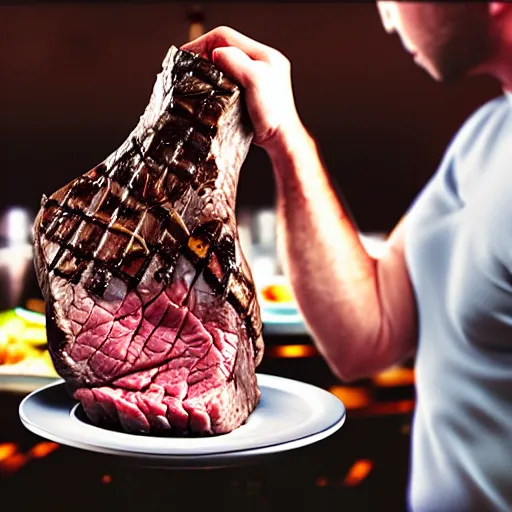 Prompt: photograph of a man with a Steak head begging for food, 8k resolution, high detail, ULTRA REALISTIC VFX, reflections