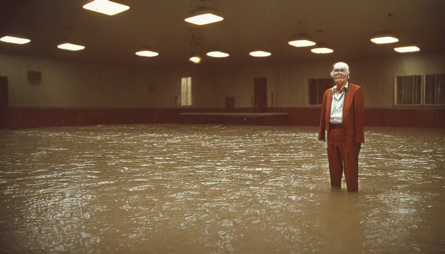 Image similar to 7 0 s movie still of an old man standing in a soviet ballroom flooded in mud, cinestill 8 0 0 t 3 5 mm, heavy grain, high quality, high detail