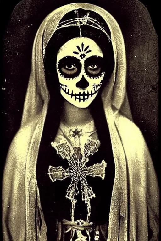 Prompt: phot taken in the 1 9 2 0's, virgin mary in dia de muertos dress and make up, horrific beautiful vibe, evocative, atmospheric lighting, painted, intricate, highly detailed,