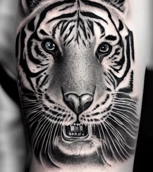 Image similar to tattoo design of a beautiful girl warrior under a tiger head, hyper realistic, realism tattoo, by eliot kohek, beautiful eyes, realistic face, black and white, white background