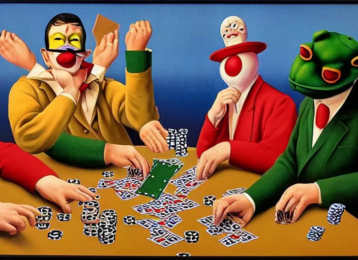 Image similar to The Clown Frog King gets completely wiped out in a game of poker, painting by René Magritte and Robert Crumb and Ralph McQuarrie