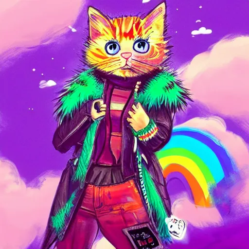 Image similar to wide angle full body, jacket wearing fluffy cute rainbow kitten wearing a black leather motorcycle jacket, concept art