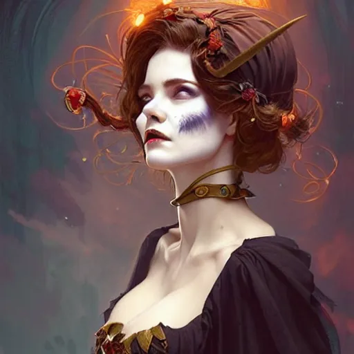 Image similar to halloween funny witch woman, fantasy magic, undercut hairstyle, intricate, elegant, sharp focus, illustration, highly detailed, digital painting, concept art, matte, art by wlop and artgerm and greg rutkowski and alphonse mucha, masterpiece