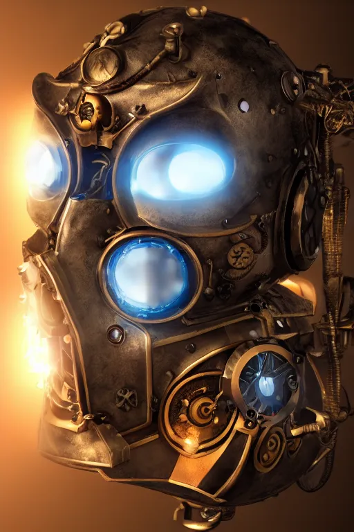 Image similar to steampunk mask minimalist fantasy art robot ninja helmet, global illumination ray tracing hdr fanart arstation by sung choi and eric pfeiffer and gabriel garza and casper konefal radiating a glowing aura