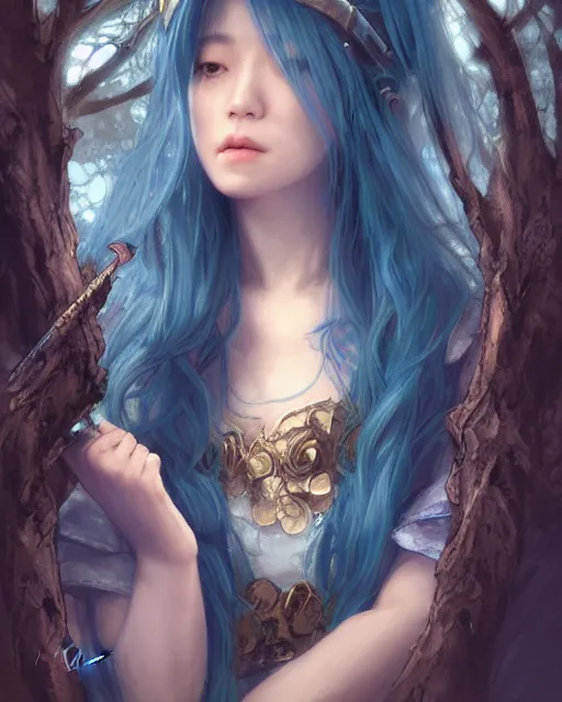 Image similar to stunningly beautiful female blue hair, cute korean actress, dj sura, fantasy art, fae priestess, lush dark forest landscape, fireflys at night, sharp focus, digital painting, 8 k, concept art, art by wlop, artgerm, greg rutkowski and alphonse mucha