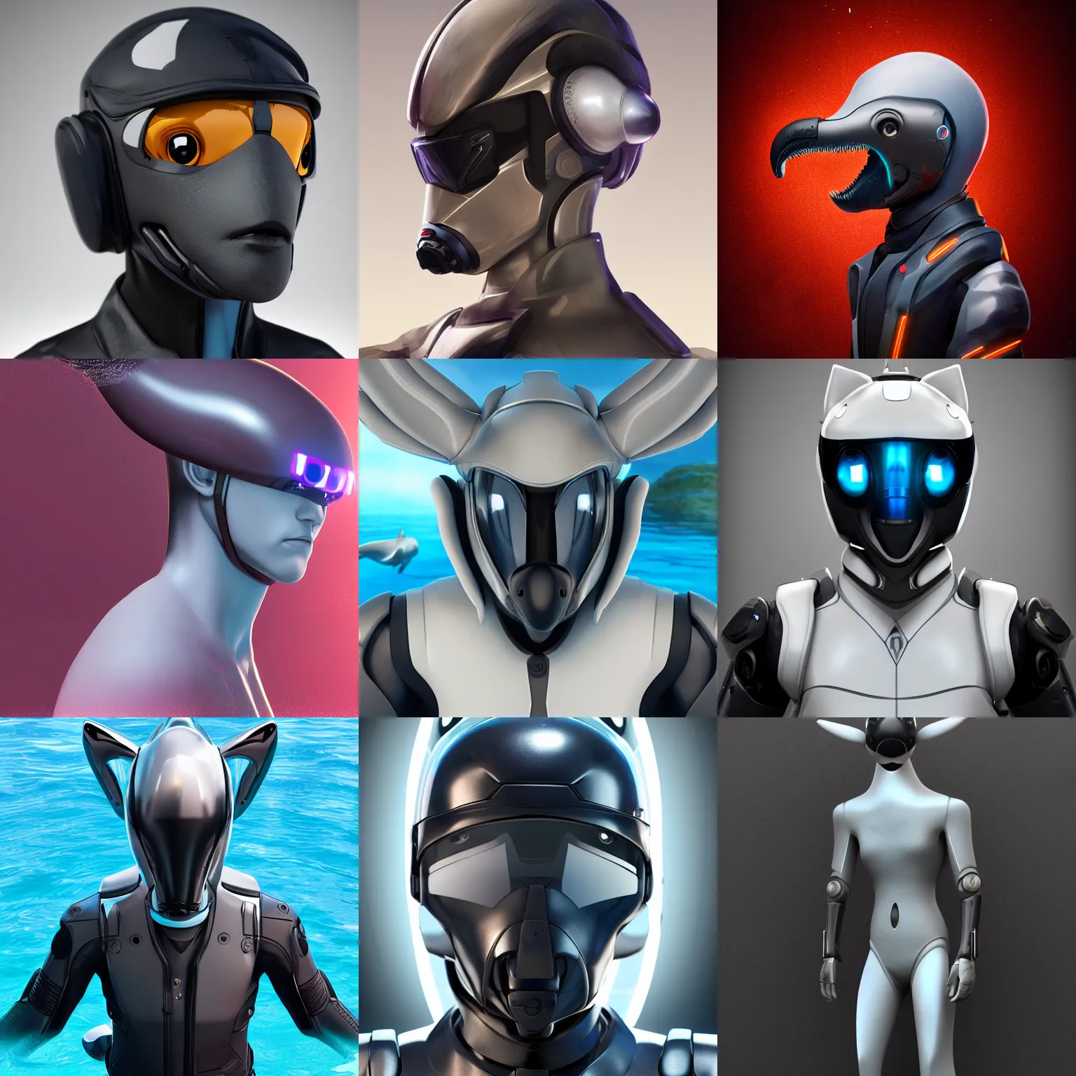 Prompt: furry art, synthetic male anthro android with a dolphin's head, sleek waterproof design, dark opaque visor over top of face, half - body commission on furaffinity, cgsociety, octane render