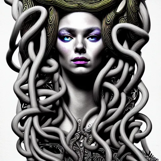 Image similar to an extremely psychedelic portrait of medusa, surreal, lsd, face, detailed, intricate, elegant, lithe, highly detailed, digital painting, artstation, concept art, smooth, sharp focus, illustration