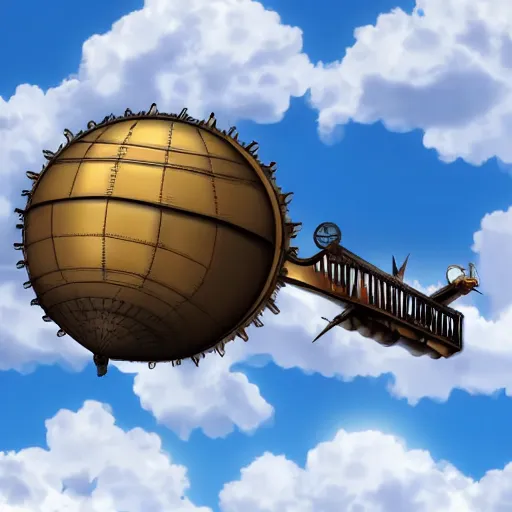 Image similar to A steampunk airship flying through the clouds towards a towards a steampunk city