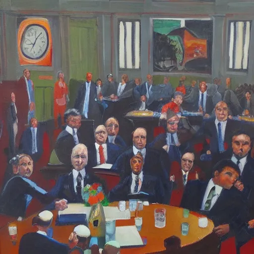 Image similar to prime minister's question time, by michael armitage, painting