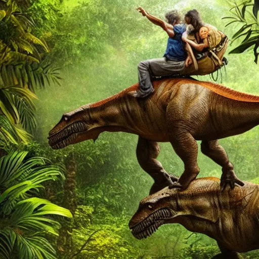Prompt: a t-rex with a man on his back riding in a jungle, highly detailed, photorealistic, trending on national geographic