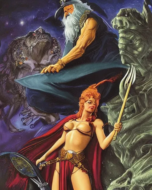 Image similar to Wizard gazing at a pinup of a witch reclining on a broom, by Jeff Easley