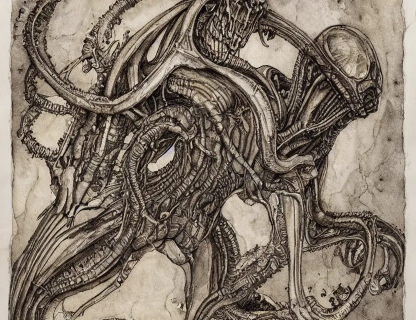 Image similar to a detailed, intricate watercolor and ink illustration with fine lines of h. r. giger's xenomorph, by arthur rackham and edmund dulac and lisbeth zwerger