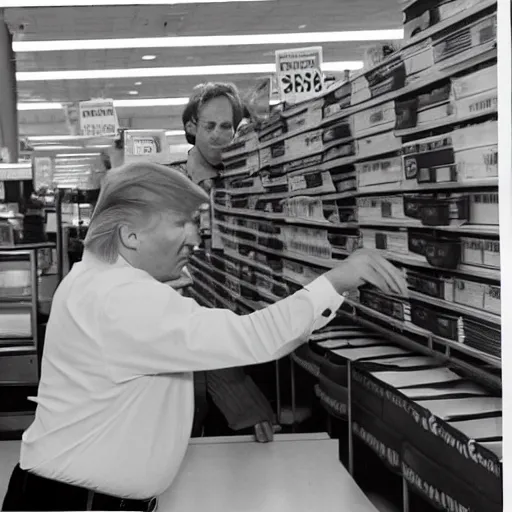 Prompt: Donald Trump working at Kmart in the 1980s black and white photo movie still