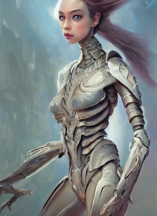 Image similar to a professional painting of a beautiful young female alien, clothed in ethereal armor, olive skin, long dark hair, beautiful bone structure, symmetrical facial features, intricate, elegant, digital painting, concept art, smooth, sharp focus, illustration, from Valerian and the City of a Thousand Planets, by Ruan Jia and Mandy Jurgens and Artgerm and William-Adolphe Bouguerea