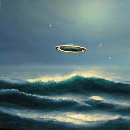 Image similar to a ufo flying close to the water out in the ocean, oil painting, rough waves, mysterious, ambient lighting,