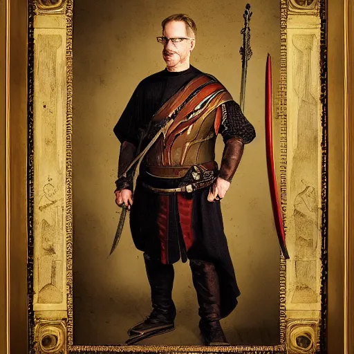 Prompt: adam savage portrait roman general hand on sword