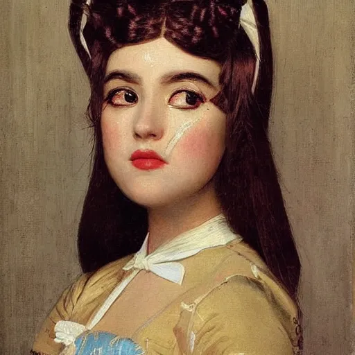 Image similar to maid! cosplay, symmetric beautiful face, orientalism portrait of a cute young woman with twin tails by Edwin Longsden Long and Theodore Ralli and Nasreddine Dinet and Adam Styk masterful intricate artwork