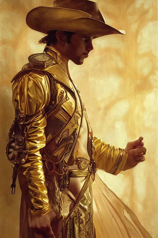 Prompt: a dramatic ethereal epic symmetrical painting of a handsome cowboy in a gold outfit | tarot card, art deco, art nouveau, (steampunk), homoerotic, realistic | by Dresden Codak, ((by Greg Rutkowski)), by Mark Maggiori and ((((Alphonse Mucha))) | trending on artstation