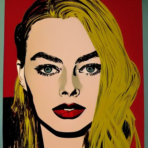 Prompt: beautiful portrait of margot robbie, detailed face, by andy warhol, symetry!!