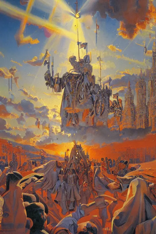 Prompt: stupid hymn, painted by robert mccall and earle k. bergey, trending on artstation, dramatic olive lighting product view very very intricate, narrative realism, cgsociety, character design, oil painting