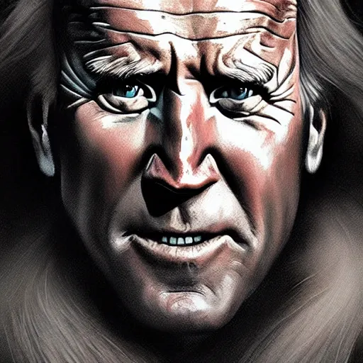 Image similar to Joe Biden as a dump looking caveman , colorful painting on grey scale face, powerful , magic, thunders, dramatic lighting, intricate, wild, highly detailed, digital painting, artstation, concept art, smooth, sharp focus, illustration, art by artgerm and greg rutkowski and alphonse mucha, footage