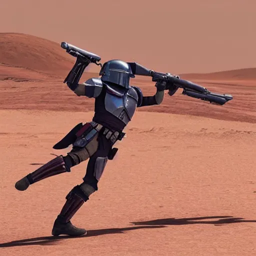 Prompt: the mandalorian fires his weapon sideways while flying over the mars desert