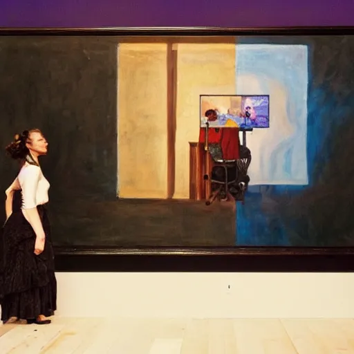 Image similar to art curator looking at a screen with a painting of empathy machine, recursive, on stage in the middle of a fashion show in the style of grand chamaco and stanley kubrick, inspired by juana molina, photorealistic, epic, super technical, cinematic still