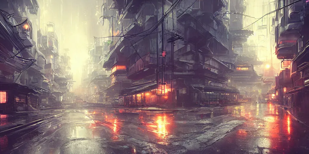 Image similar to ghostpunk futuristic japan city view by eddie mendoza and greg rutkowsi, orange glow, rain, foggy, dark, moody, volumetric lighting, dirty