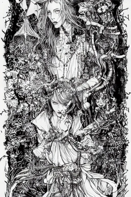 Image similar to Stoner Alice in wonderland tarot card , pen and ink, intricate line drawings, by Yoshitaka Amano, Ruan Jia, Kentaro Miura, Artgerm, watercolor