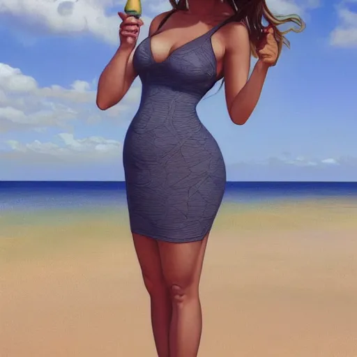 Image similar to full body portrait of addison rae wearing a skintight dress in a beach, large thighs, intricate, elegant, highly detailed, digital painting, artstation, smooth, sharp focus, illustration, art by artgerm and greg rutkowski and alphonse mucha, 8 k