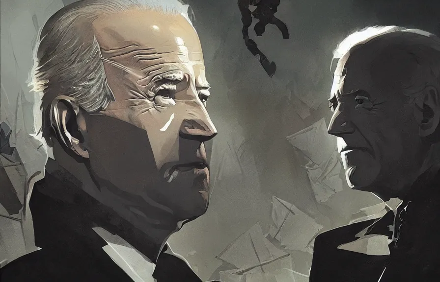 Image similar to Joe Biden casts a long shadow, by Greg Rutkowski and Dave McKean,