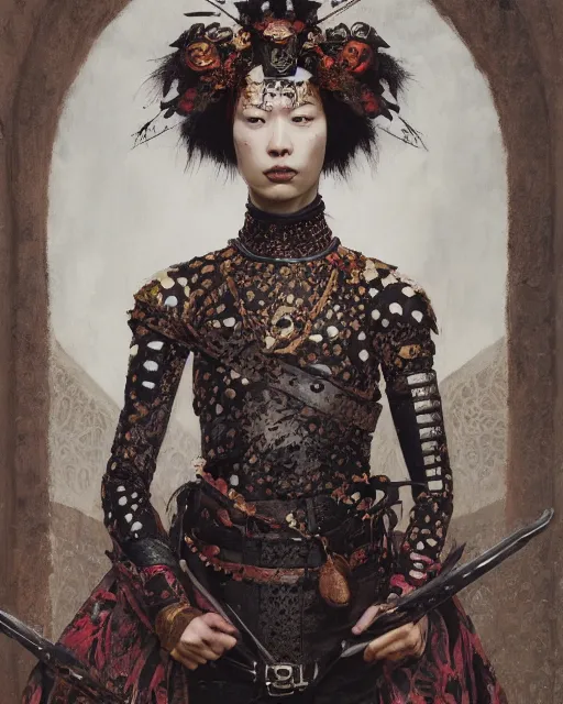 Prompt: portrait of a medieval warrior yayoi kusama, goth punk, floral flowers, a flemish baroque by alexander mcqueen, art by john collier by greg rutkowski and craig mullins, oil on canvas