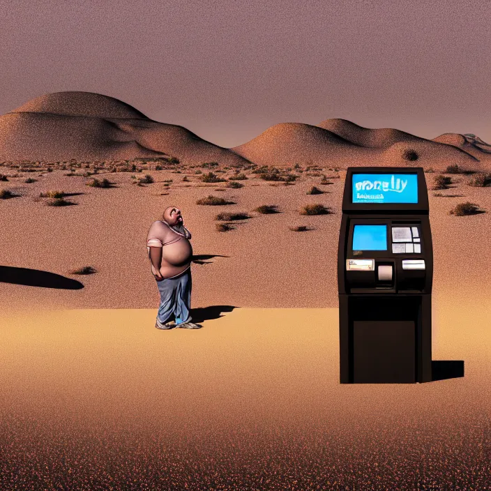 Prompt: hyperrealistic mixed media portrait of a moridly obese man using an ATM machine in the middle of a barren desert wasteland, despair, depressing and hopeless vibe, stunning 3d render inspired art by P. Craig Russell and Barry Windsor-Smith + perfect facial symmetry + dim volumetric lighting, 8k octane beautifully detailed render, post-processing, extremely hyperdetailed, epic composition, grim yet sparkling atmosphere, cinematic lighting + masterpiece, trending on artstation