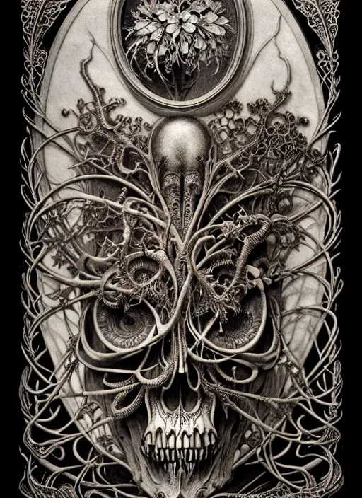 Image similar to art forms of nature by ernst haeckel, memento mori by arthur rackham, ornate antique porcelain beautiful skull mask, ultrasharp, photorealistic, hyperdetailed, octane render, polished, art nouveau, neo - gothic, gothic, intricate ornamental organic filigree, art nouveau botanicals, art forms of nature by ernst haeckel, horizontal symmetry, symbolist, visionary