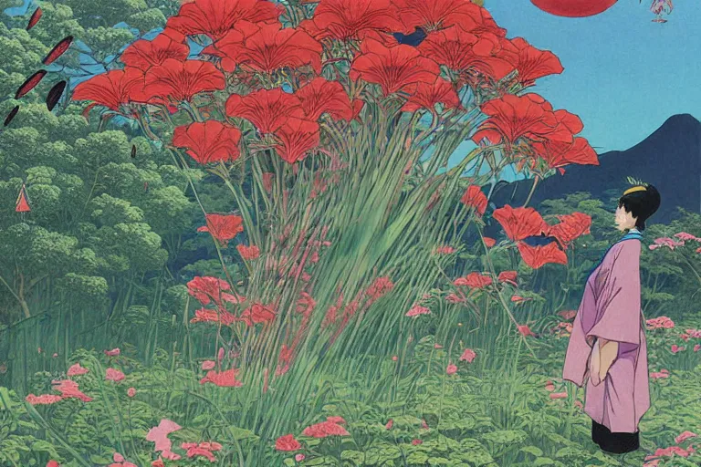 Image similar to gigantic cats catch gigantic dragonflies, a lot of exotic flowers around, heads are all over the ground, acid and dreaming psychedelic hallucinations, by kawase hasui, dirtyrobot, edward hopper, satoshi kon and moebius, colorful flat surreal design, super - detailed, a lot of tiny details, fullshot