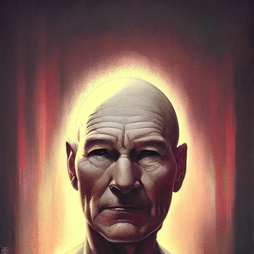Image similar to portrait of a Patrick Stewart, staring at you, black background, curious eyes, by Anato Finnstark, Tom Bagshaw, Brom