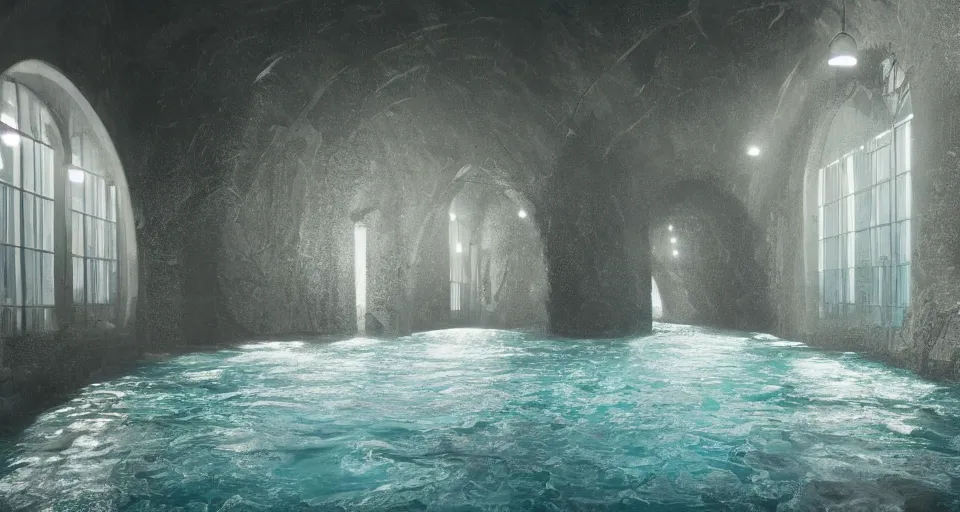 Image similar to a beautiful landscape painting, a single lane tunnel with overhead lights, water running down the walls and pooling, by sam guay, moody lighting, hyperrealism, 4 k, octane render